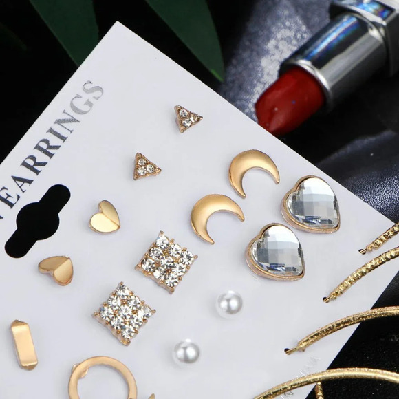 😍12 Pair 14k Gold Plated Geometric Crystal Stud Earring Set Mix for Women, F271 - Picture 6 of 6